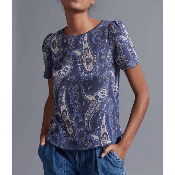 Anthropologie Demeter Paisley Knit Top Sparkly Puff Shoulder, Size Small - Picture 1 of 9